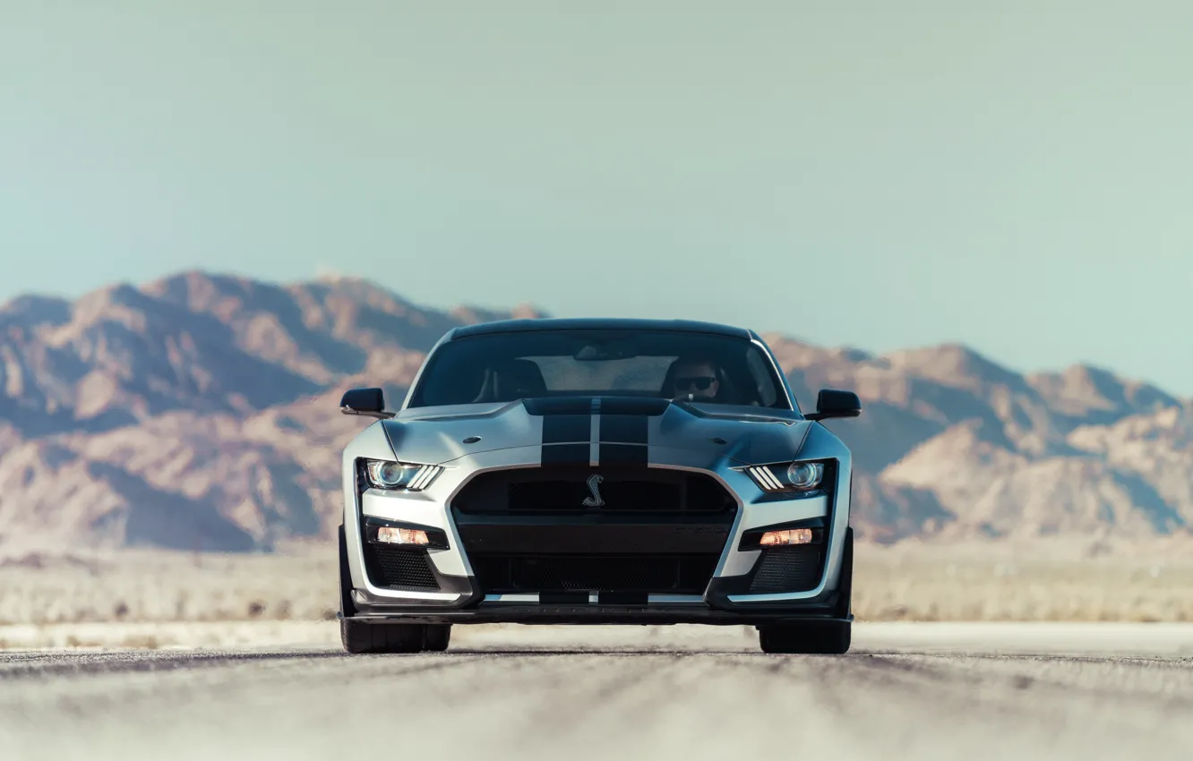 Photo wallpaper road, machine, mountains, lights, Ford, sports, sports car, Ford Mustang Shelby GT500
