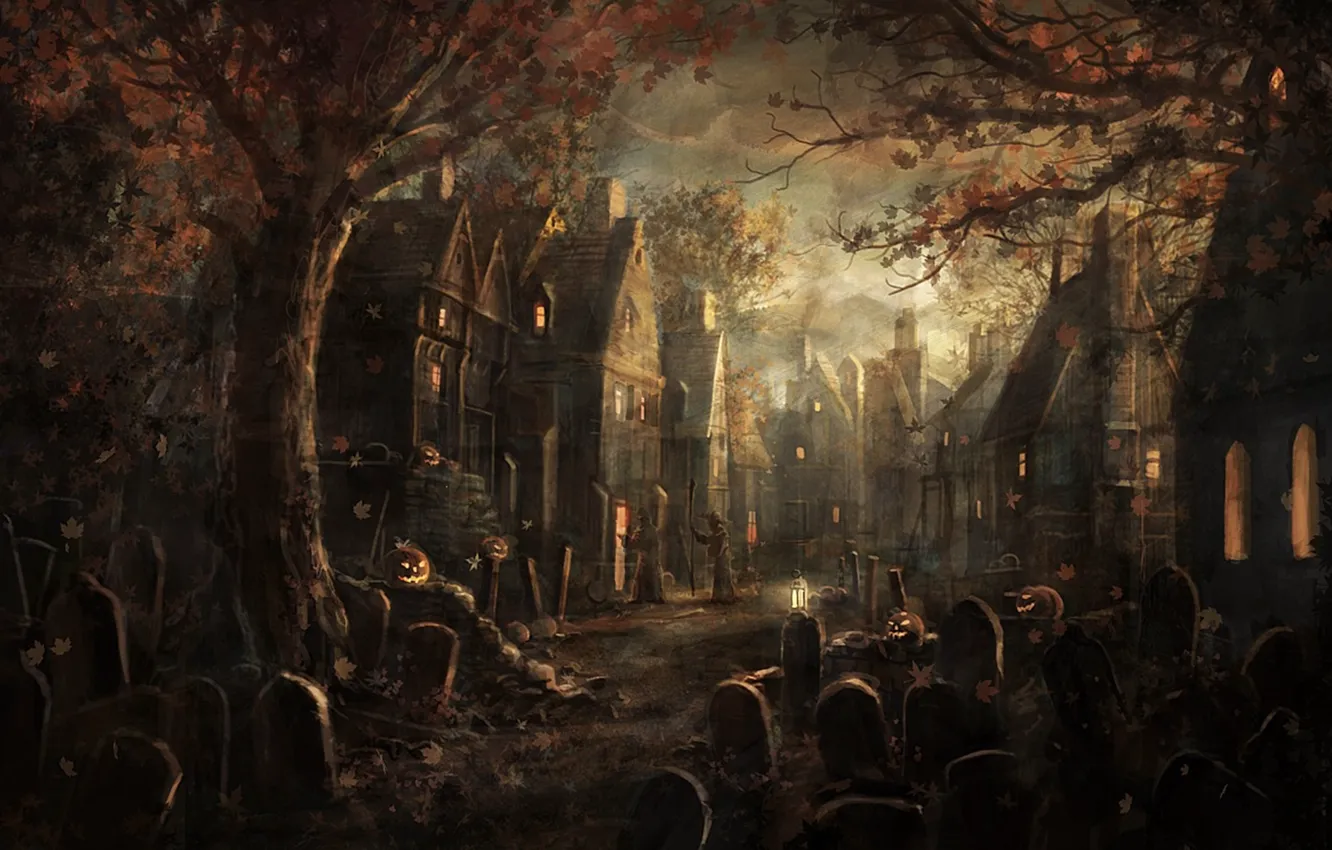 Photo wallpaper leaves, trees, graves, village, pumpkin, plate, maple, halloween