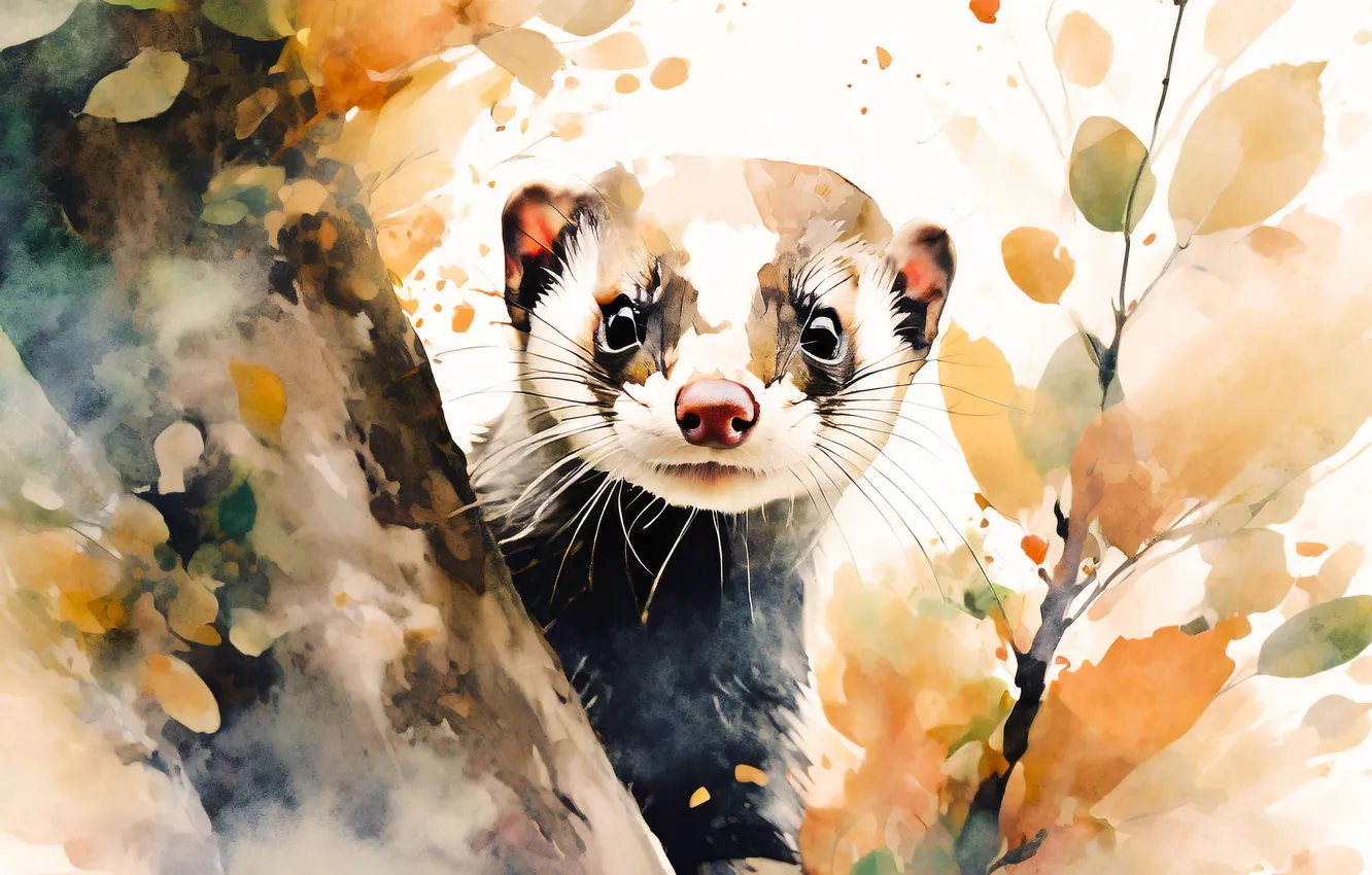 Photo wallpaper autumn, look, leaves, trees, painting, face, ferret, imitation painting