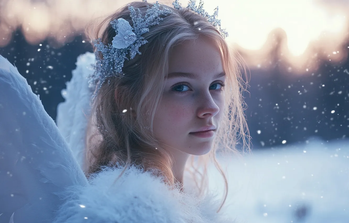 Photo wallpaper winter, forest, girl, light, snow, nature, face, portrait