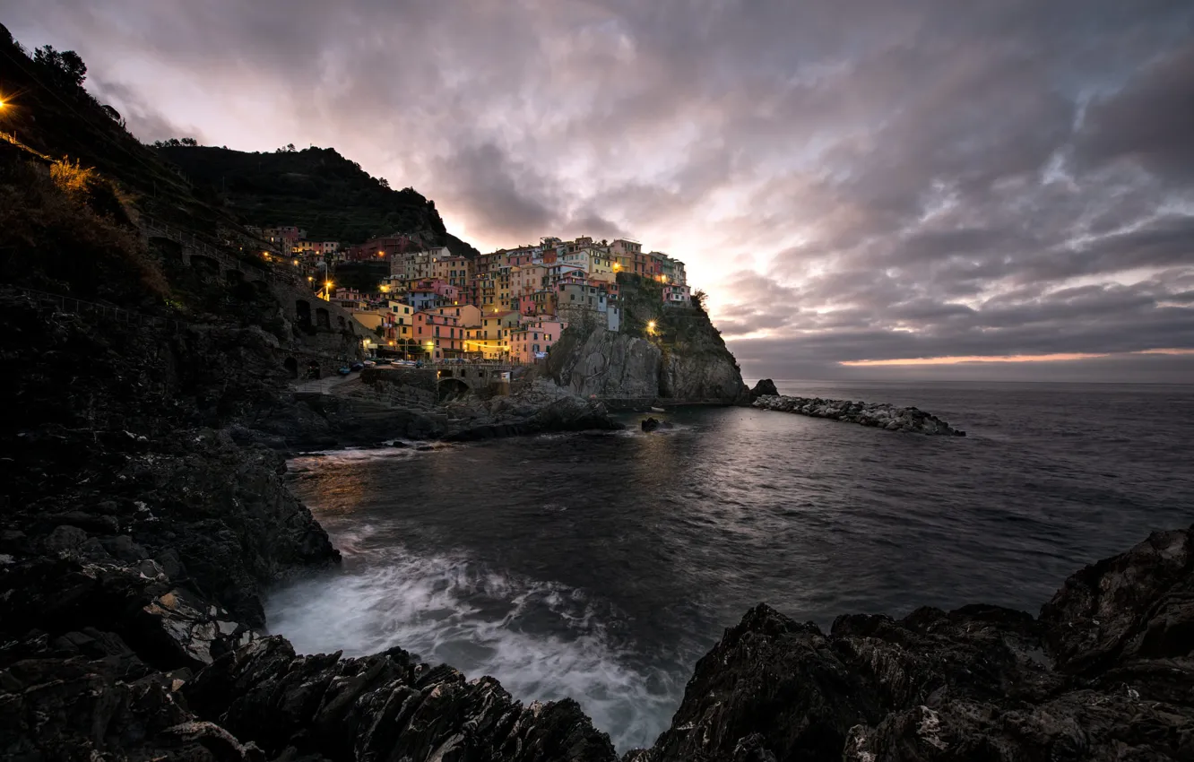 Photo wallpaper sea, the sky, clouds, clouds, the city, lights, stones, rocks