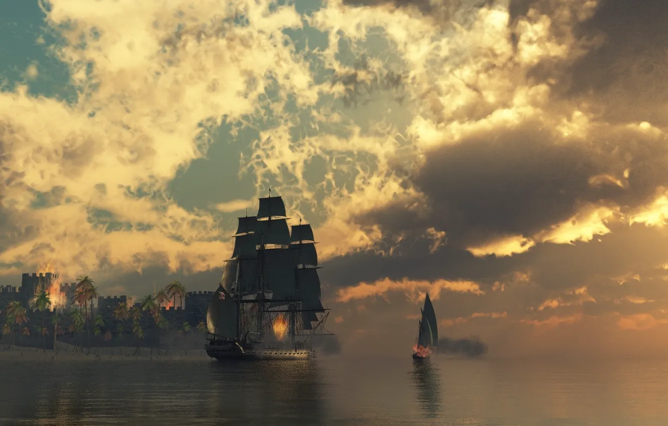 Photo wallpaper water, clouds, fire, ship, fortress