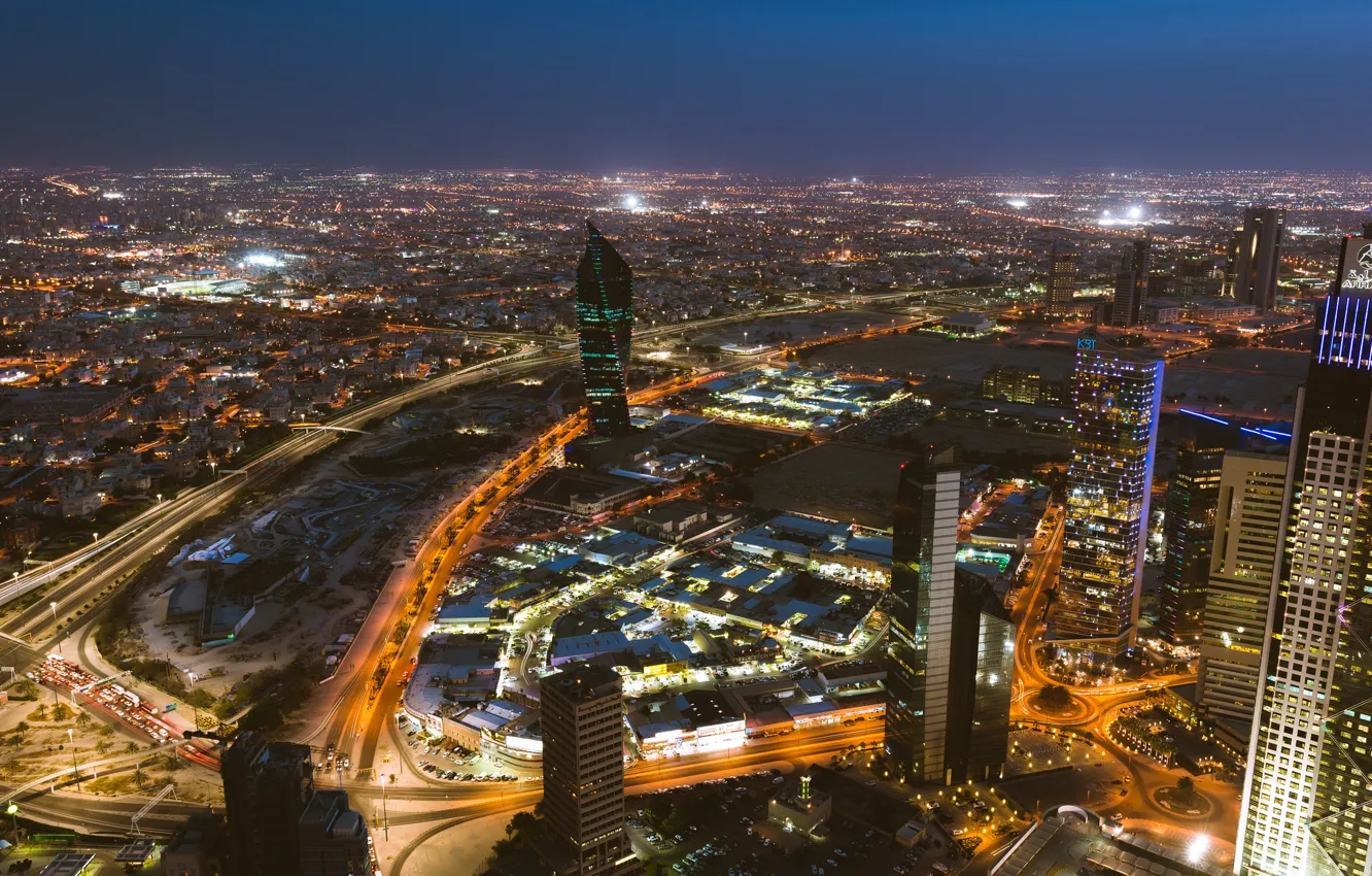 Photo wallpaper night, the city, lights, building, lighting, skyscrapers, capital, Kuwait City