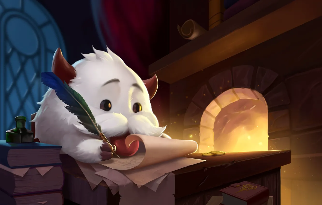Photo wallpaper paper, table, feathers, fireplace, animal, League of Legends, Poro