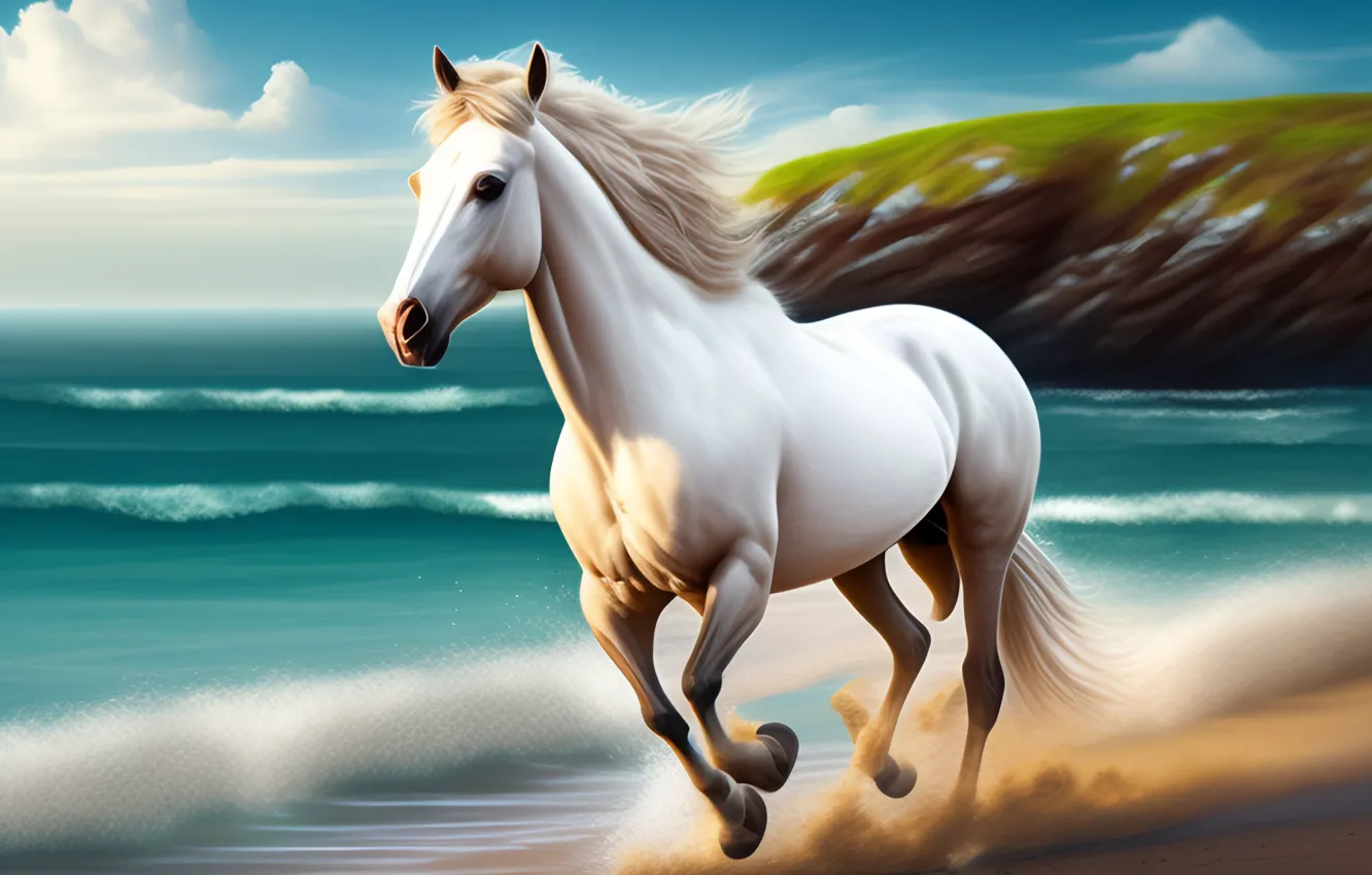 Photo wallpaper Sand, Sea, Horse, Running, Horse, Coast, Art