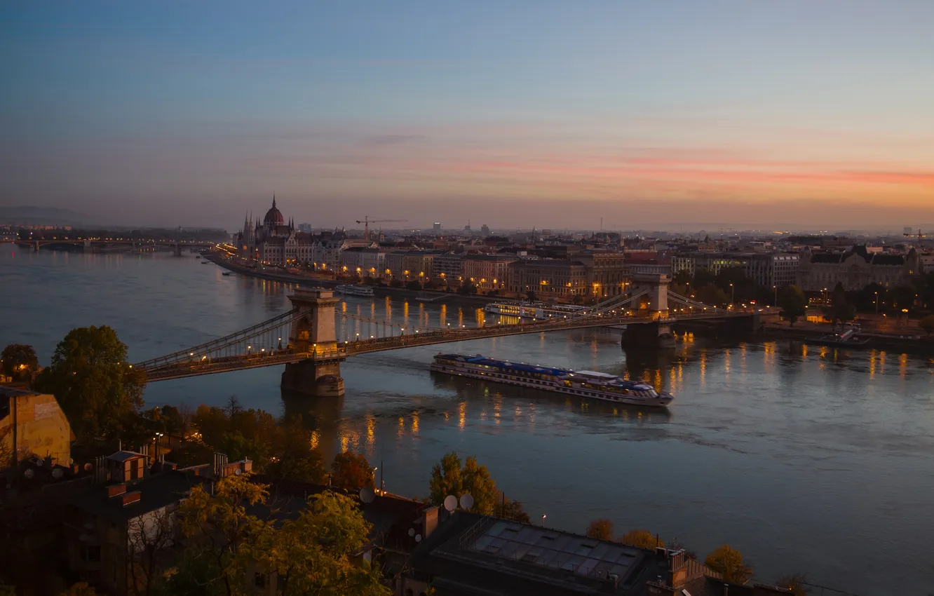 Photo wallpaper bridge, river, home, morning, horizon, Murzinov Victor, Budapest City