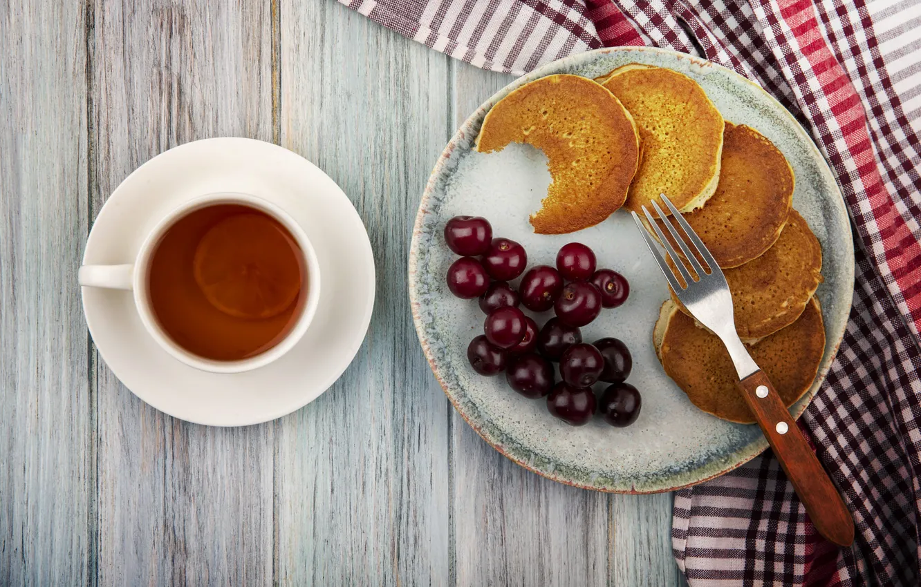 Photo wallpaper cherry, berries, tea, Board, towel, plate, Cup, plug