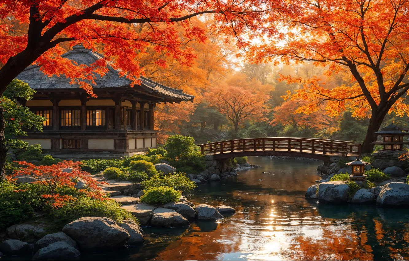 Photo wallpaper autumn, forest, trees, branches, lake, house, pond, Park