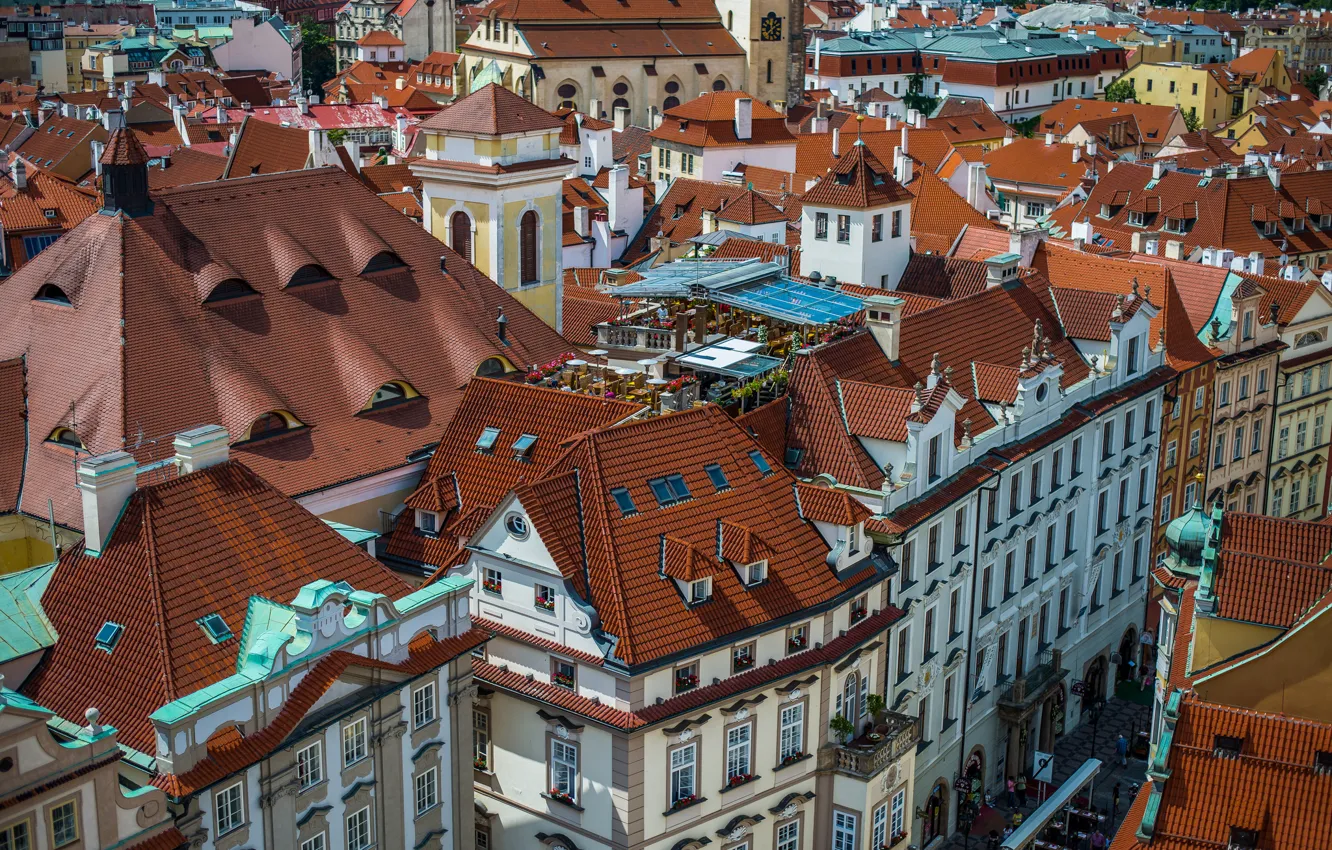Photo wallpaper street, home, roof, Prague, Czech Republic, panorama