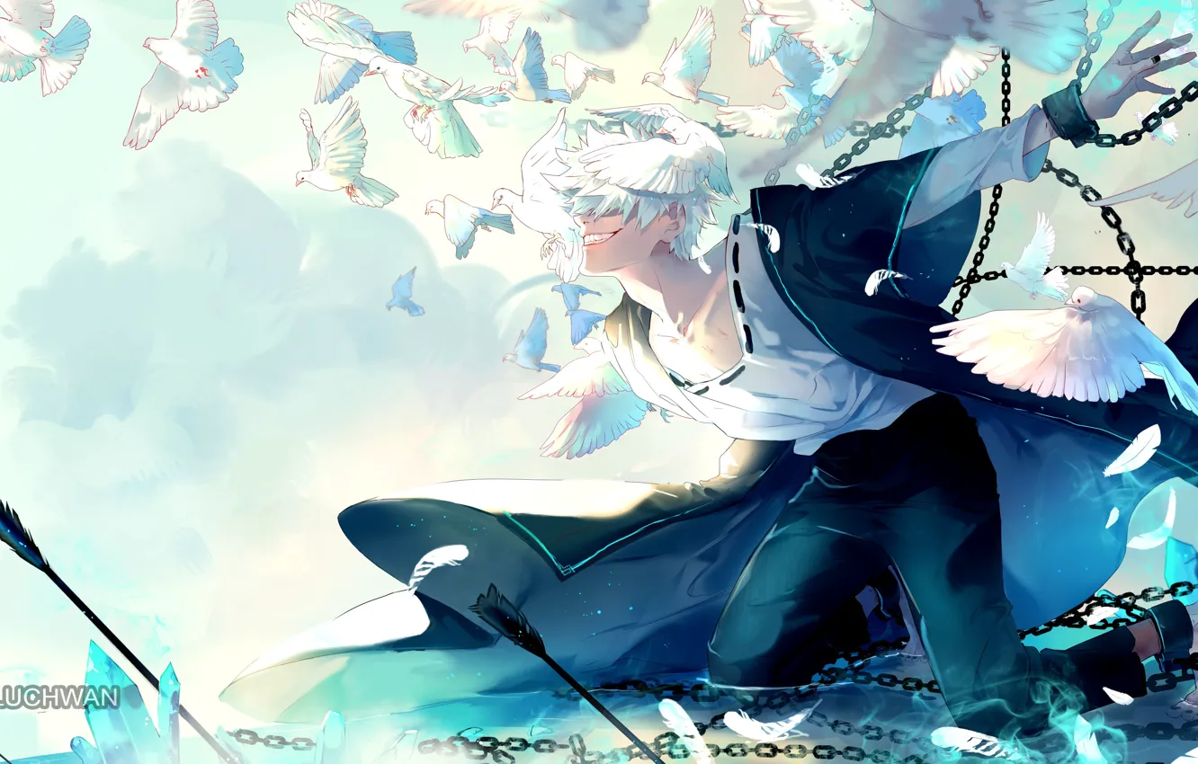 Photo wallpaper smile, bird, pigeons, guy