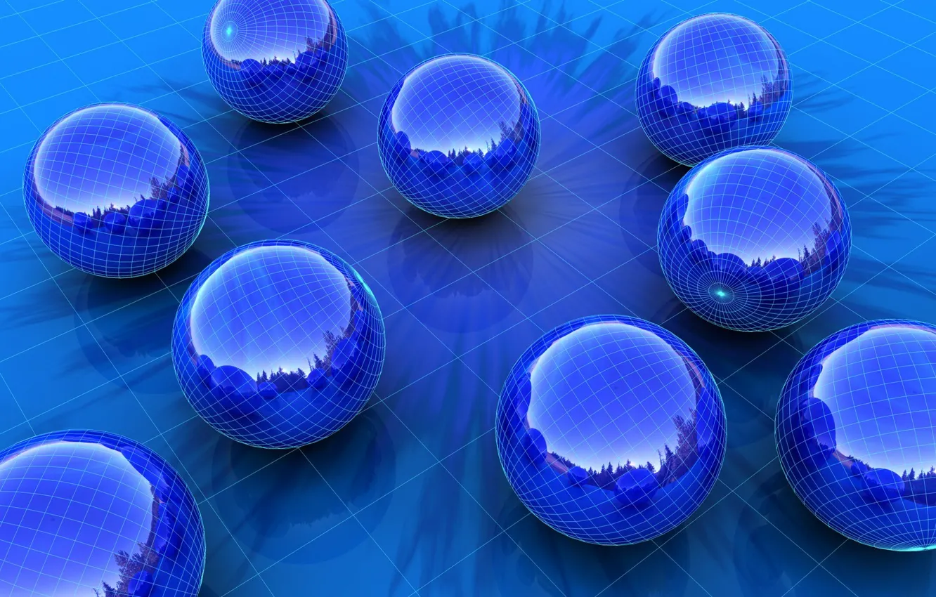Photo wallpaper balls, blue, reflection, mesh