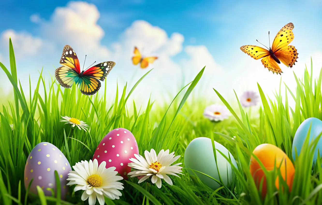 Photo wallpaper flowers, eggs, spring, colorful, Easter, flowers, spring, Easter