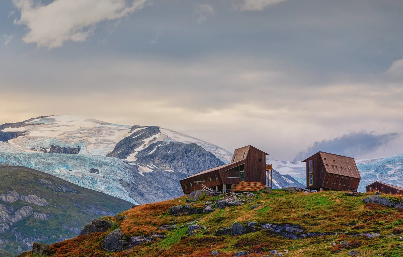 Photo wallpaper mountains, Norway, houses, Norway, Veitastrond