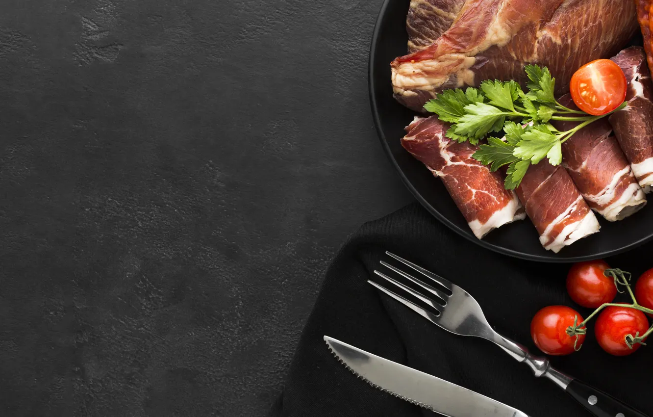 Photo wallpaper plate, knife, meat, plug, grey background, tomatoes, parsley, napkin