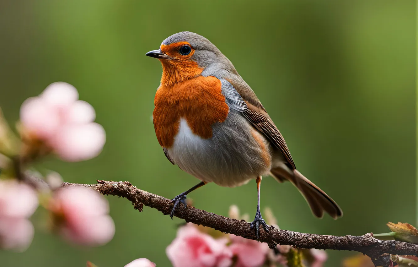 Photo wallpaper branches, background, macro, Robin, closeup