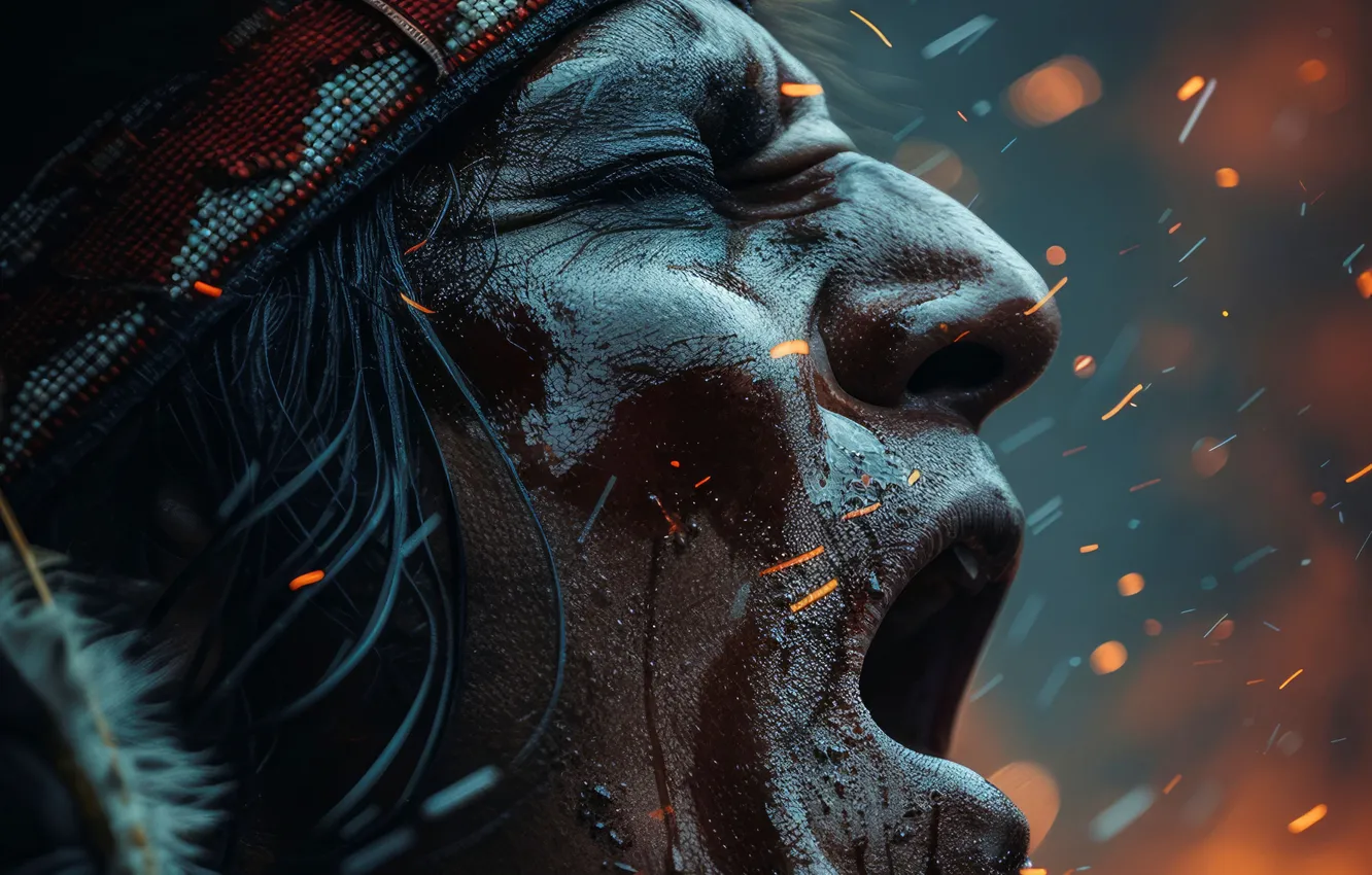 Photo wallpaper Feathers, Warrior, Sparks, Maya, Creek, Male, Side, Digital art