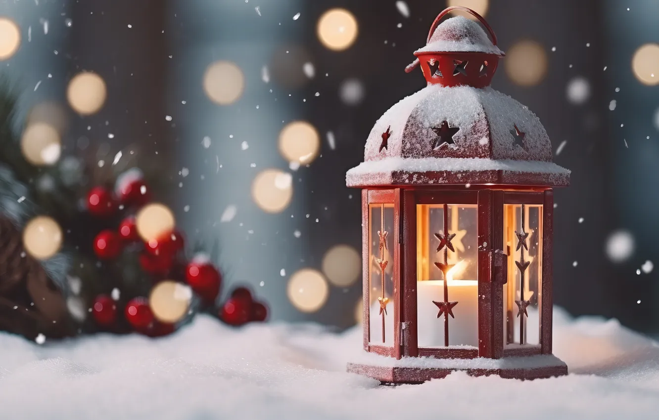 Photo wallpaper winter, snow, night, new year, Christmas, lights, Christmas, night