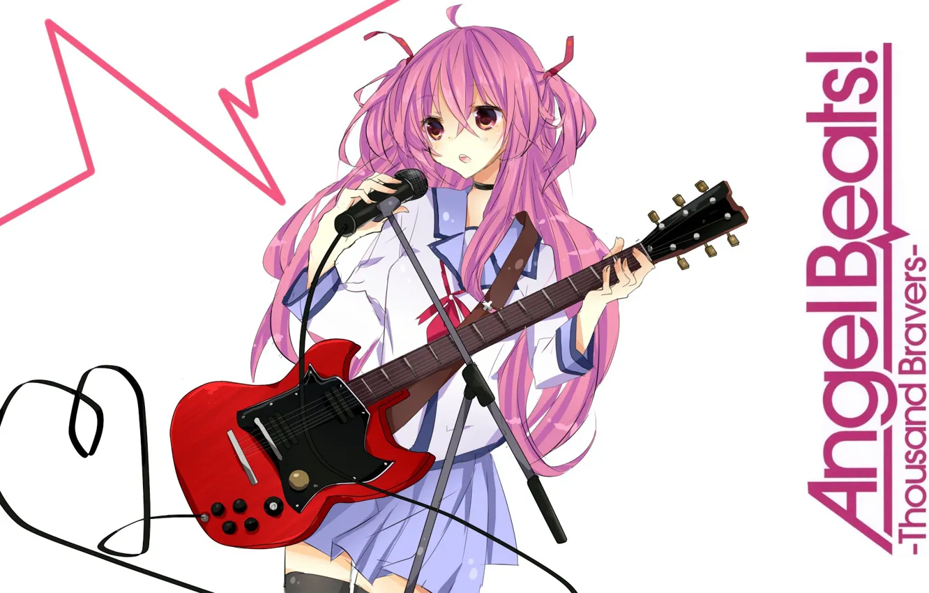 Photo wallpaper wire, microphone, schoolgirl, school uniform, electric guitar, pink hair, Yui, Angel Beats!