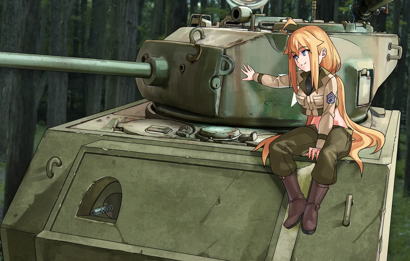 Photo wallpaper Girl, Army, Tank