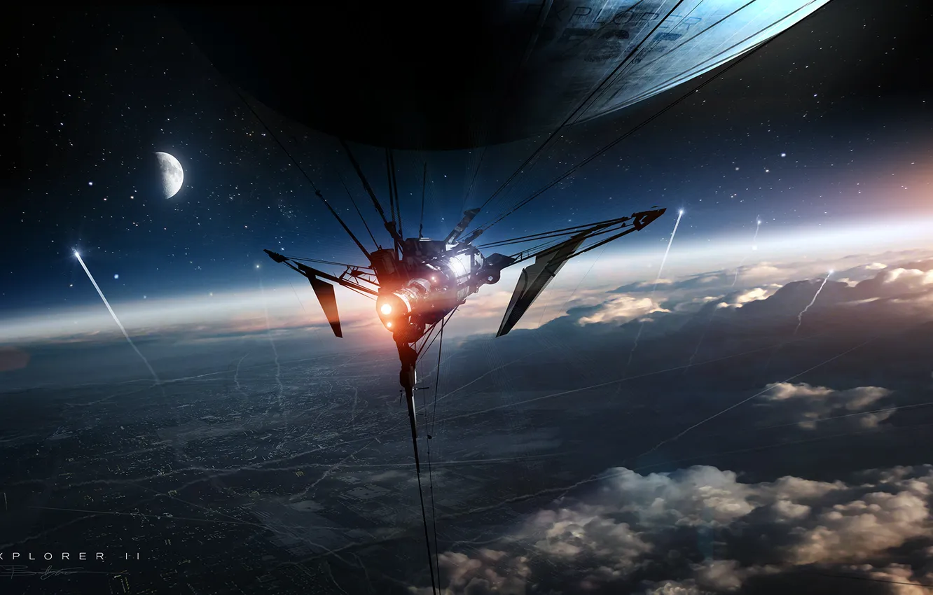 Photo wallpaper space, stars, the city, the moon, ship, planet, satellite, art