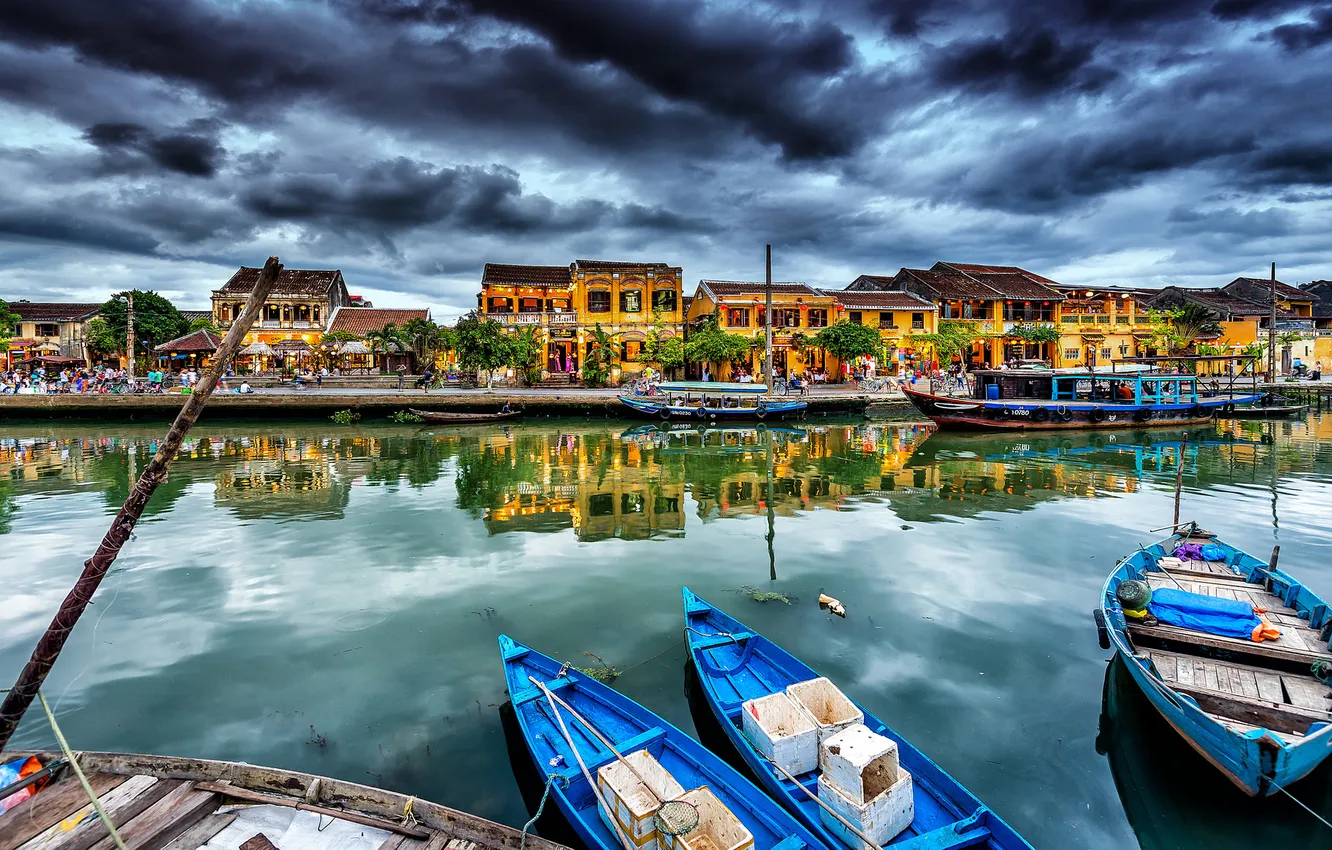 Photo wallpaper the city, boat, home, channel