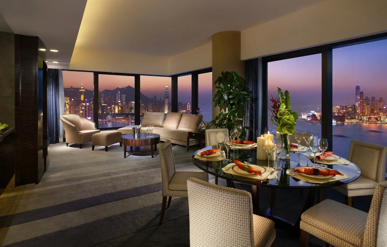 Photo wallpaper the city, table, view, restaurant, Hong Kong