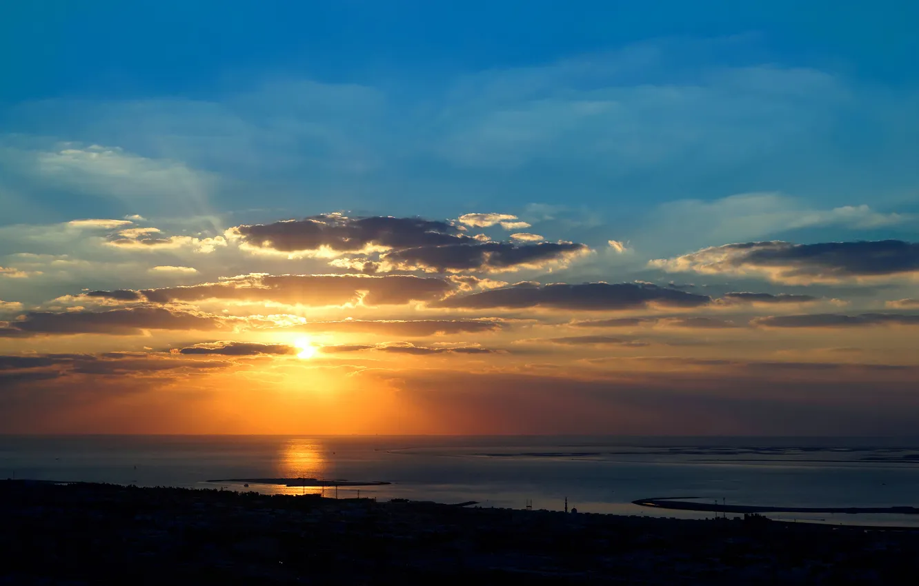 Photo wallpaper sea, the sun, sunset, shadow, Bay