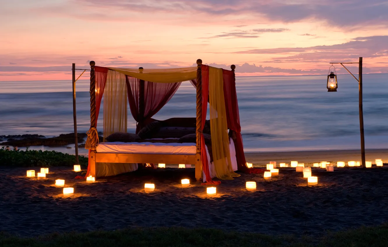 Photo wallpaper beach, the ocean, romance, the evening, candles