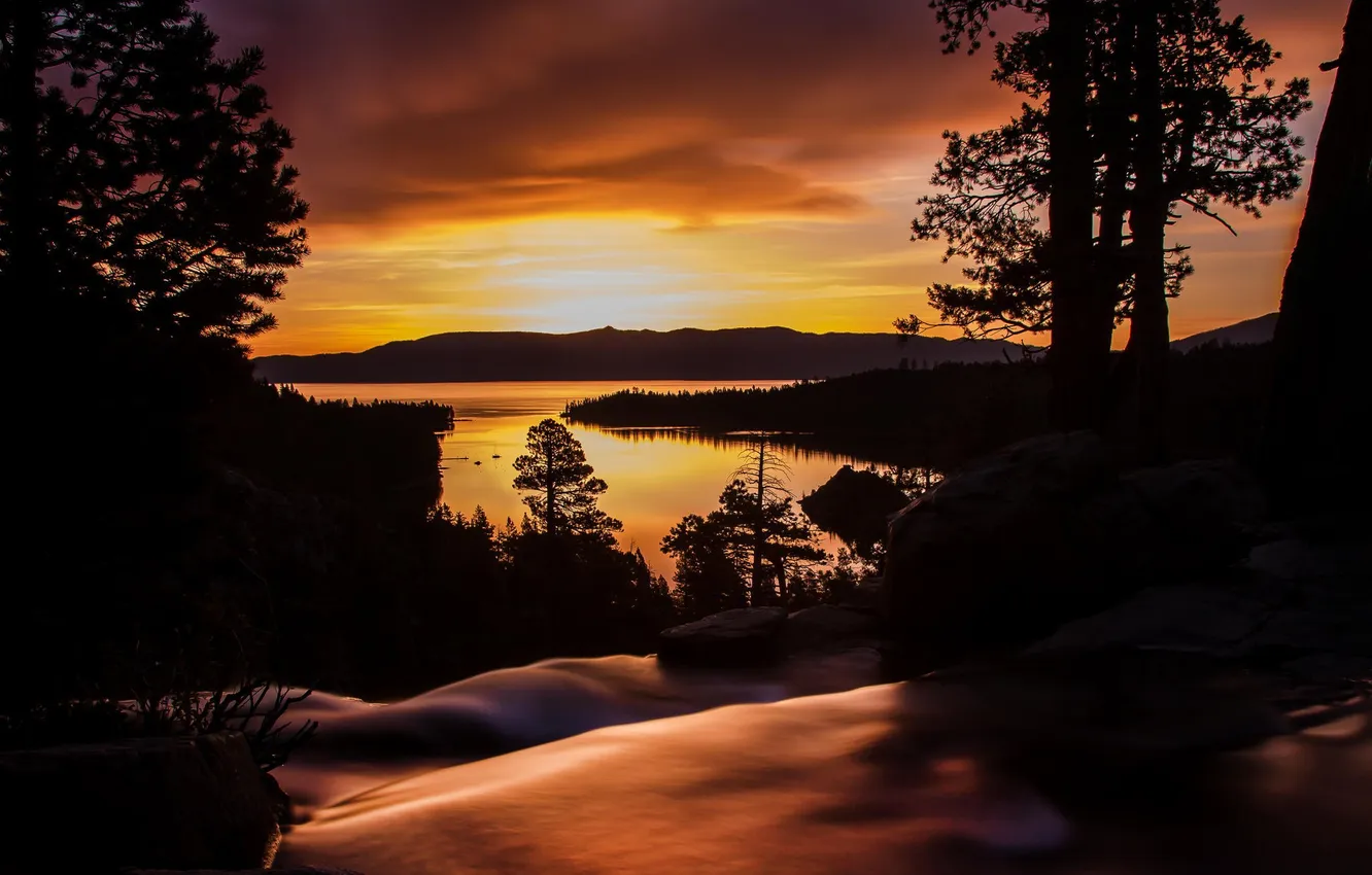 Photo wallpaper forest, trees, landscape, sunset, lake, river, waterfall