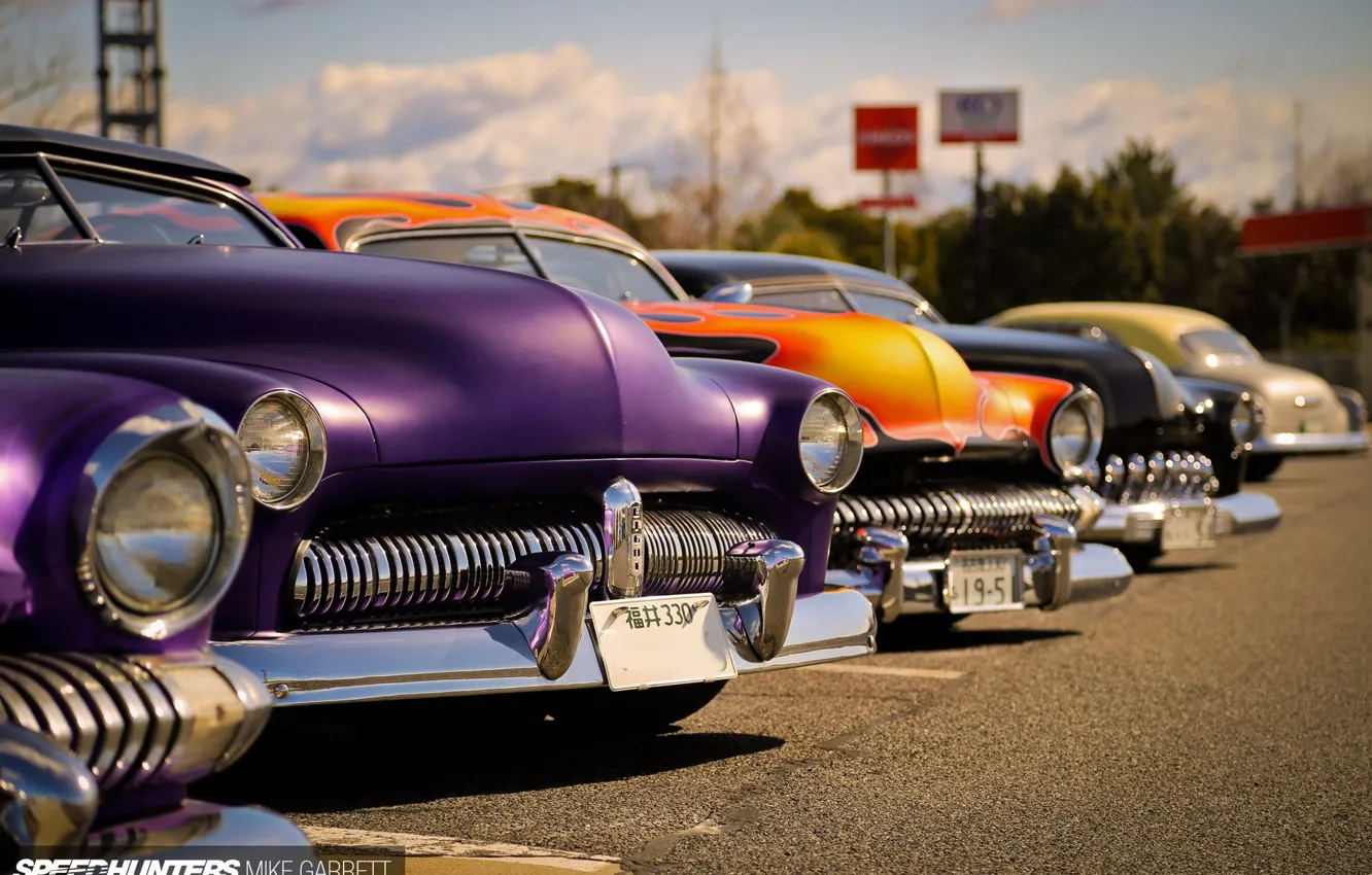 Photo wallpaper Orange, Purple, Cars, Vintage, Parking