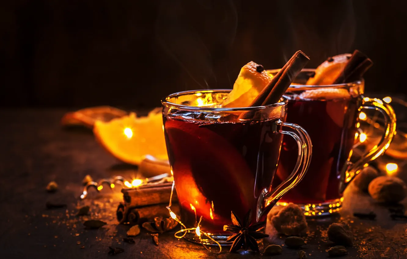 Photo wallpaper light, holiday, tea, new year, hot, orange, Christmas, pair