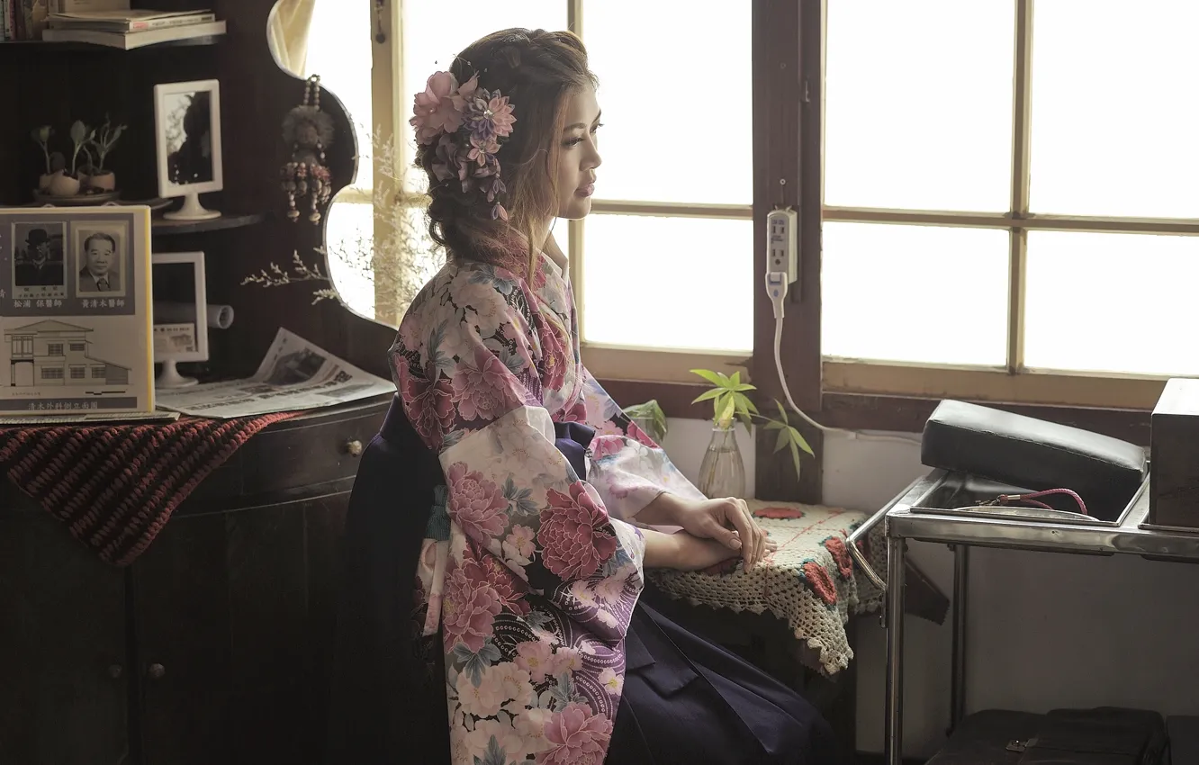 Photo wallpaper girl, style, kimono, Asian, sitting