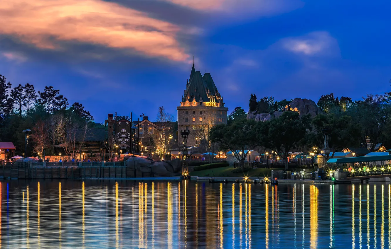 Photo wallpaper the sky, trees, lights, pond, Park, home, the evening, FL