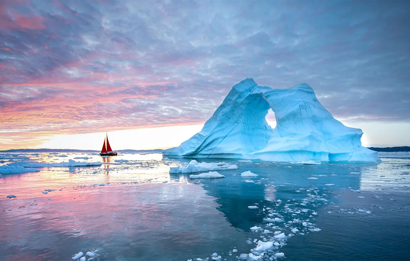 Photo wallpaper boat, iceberg, sail, Greenland, Disko Bay