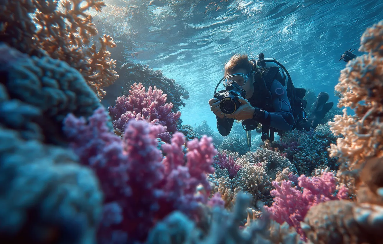 Photo wallpaper sea, the ocean, photography, people, diver, corals, male, underwater world