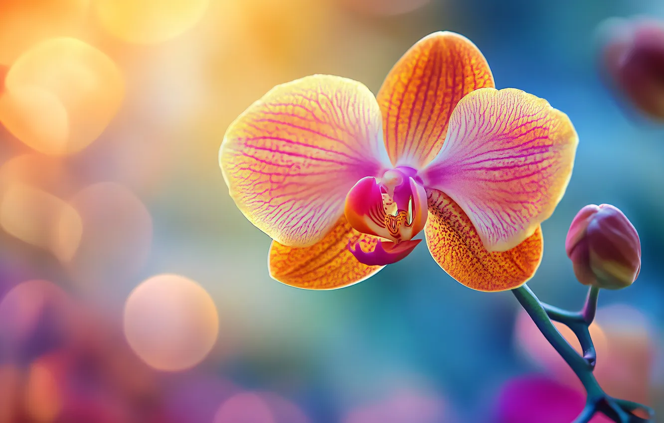 Photo wallpaper macro, light, flowers, orange, branches, bright, buds, blue background