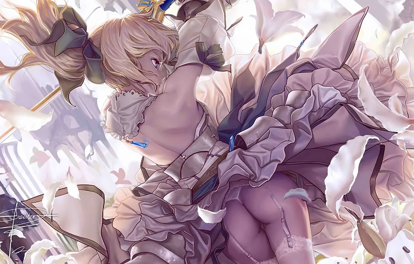 Photo wallpaper sword, petals, corset, shoulders, white dress, rear view, ruffles, white lilies