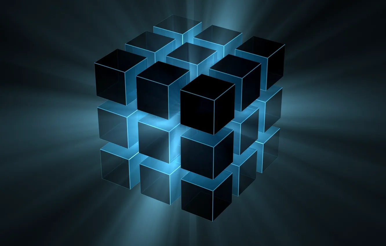 Photo wallpaper blue, cube, rays of light, blue, digital art, geometric figure, cube, digital art