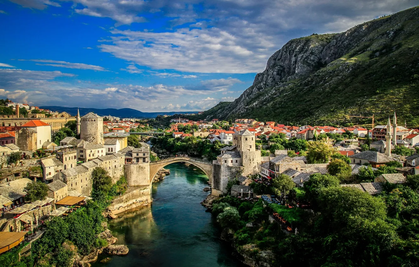 Photo wallpaper landscape, mountains, panorama, Bosnia and Herzegovina, Bosnia and Herzegovina, Mostar, the Neretva river, Mostar