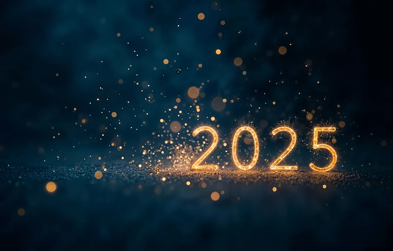 Photo wallpaper the dark background, Shine, new year, figures, gold, date, bokeh, 2025