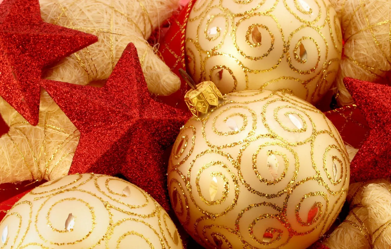 Photo wallpaper decoration, red, balls, new year, sequins, gold, stars