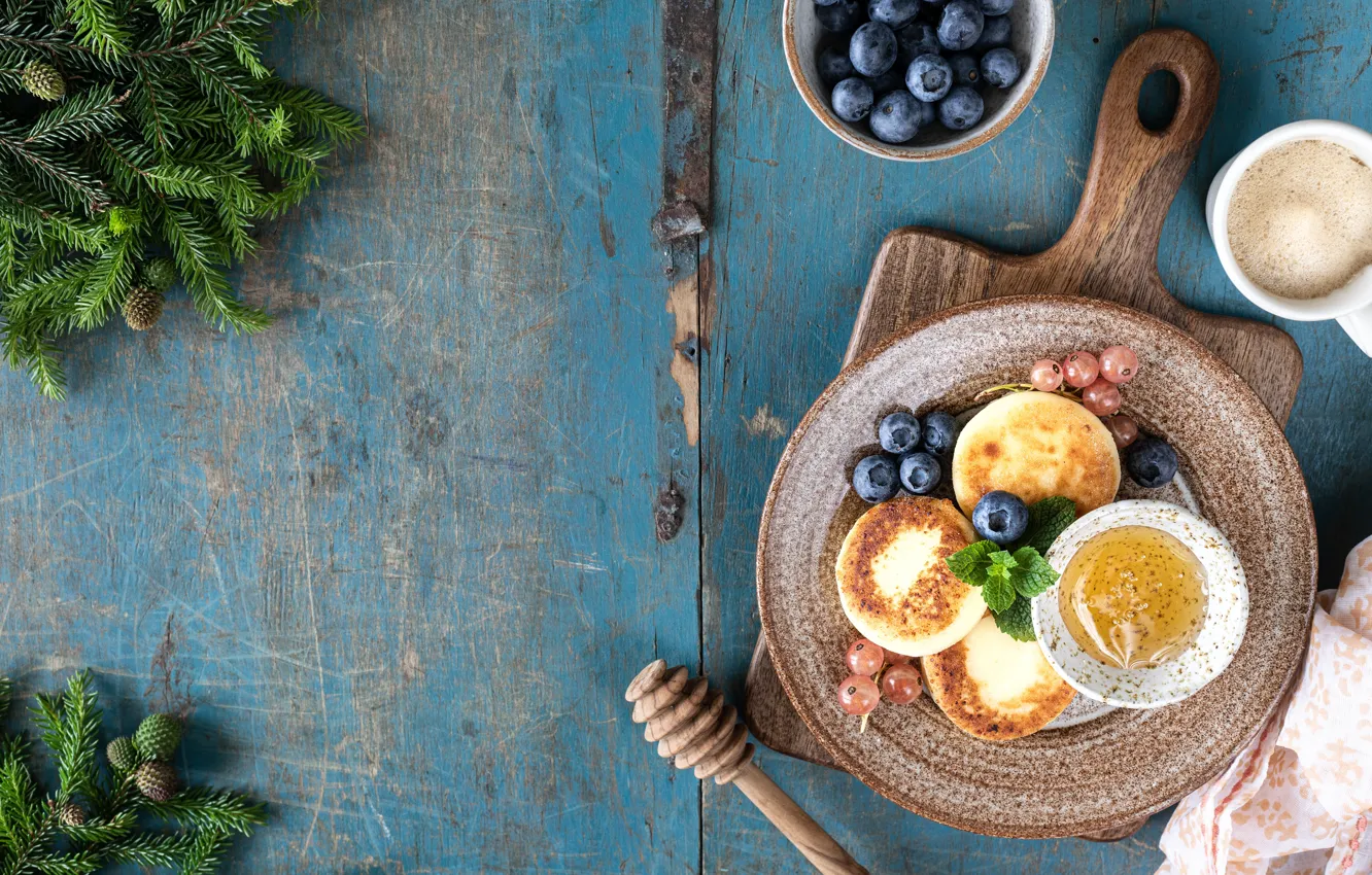 Photo wallpaper branches, berries, Board, towel, blueberries, honey, Cup, drink