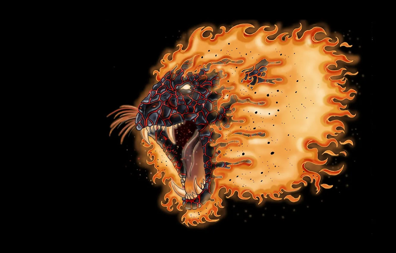 Photo wallpaper fear, mouth, mane, fangs, grin, black background, lion head, fiery LEO