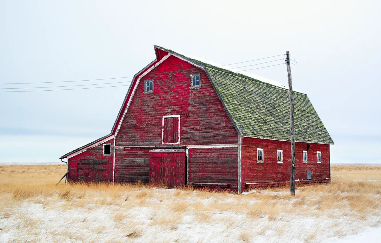 Photo wallpaper field, grass, snow, posts, home