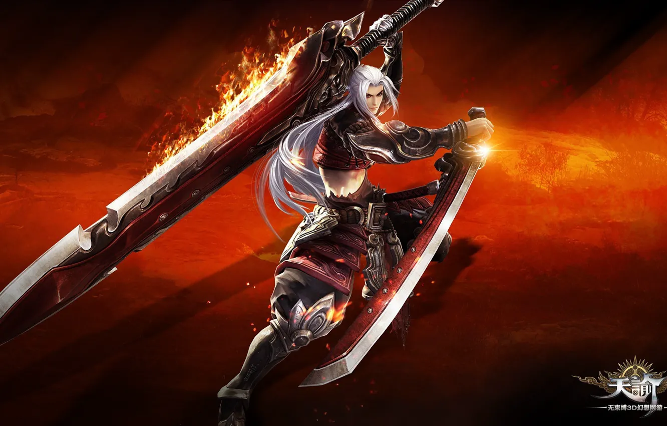 Photo wallpaper fire, red, flame, sword, game, online, ken, blade