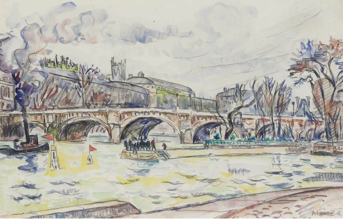 Photo wallpaper bridge, the city, river, figure, watercolor, Paul Signac, The Pont-Neuf. Paris, Paul Signac