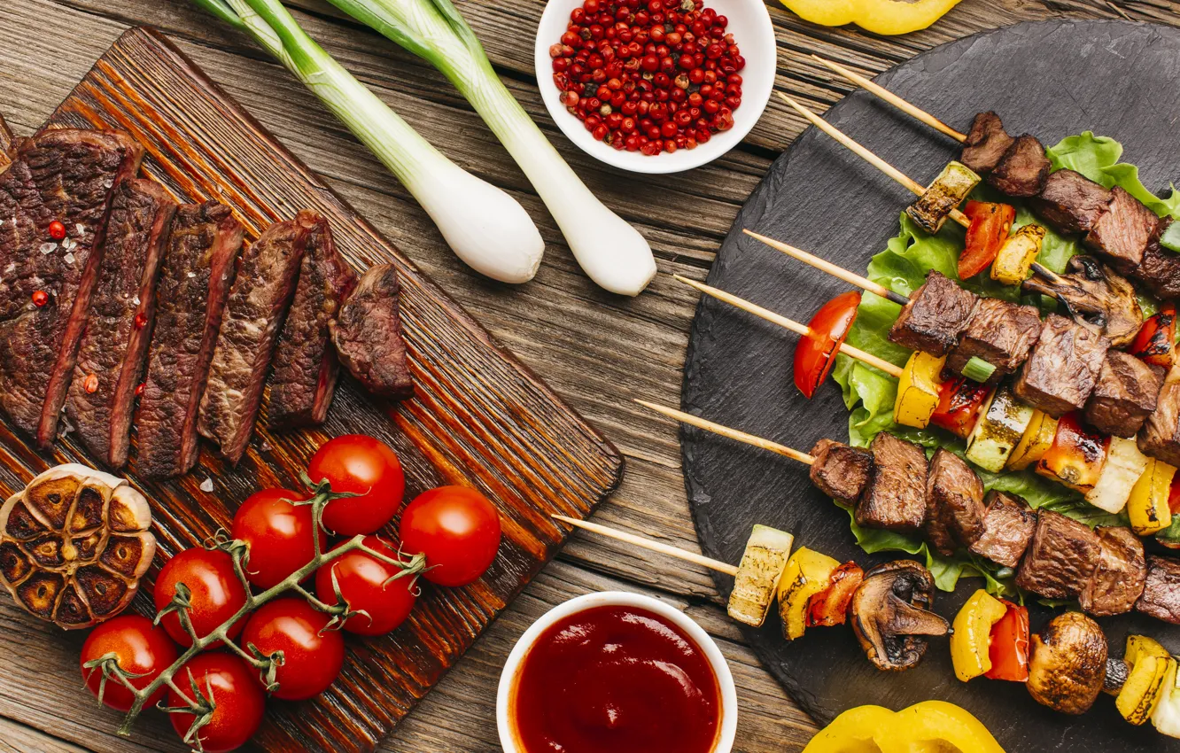 Photo wallpaper greens, mushrooms, bow, meat, vegetables, tomatoes, sauce, ketchup