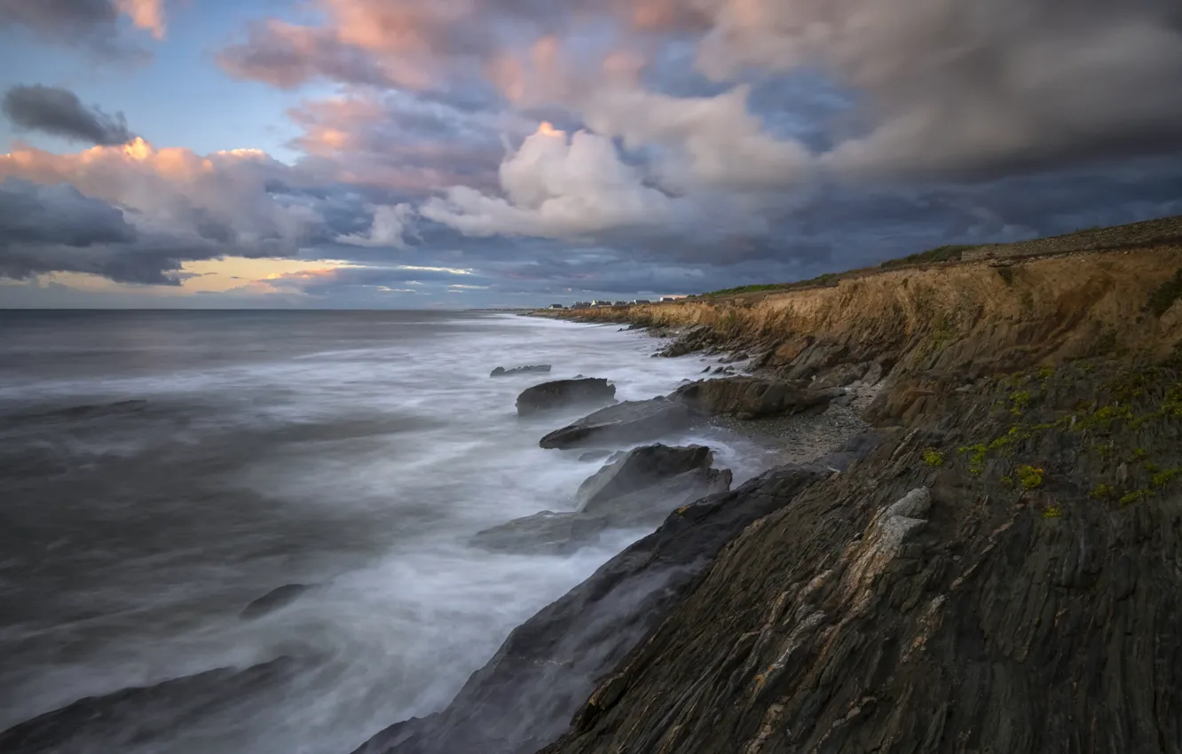 Photo wallpaper sea, clouds, rocks, shore, surf