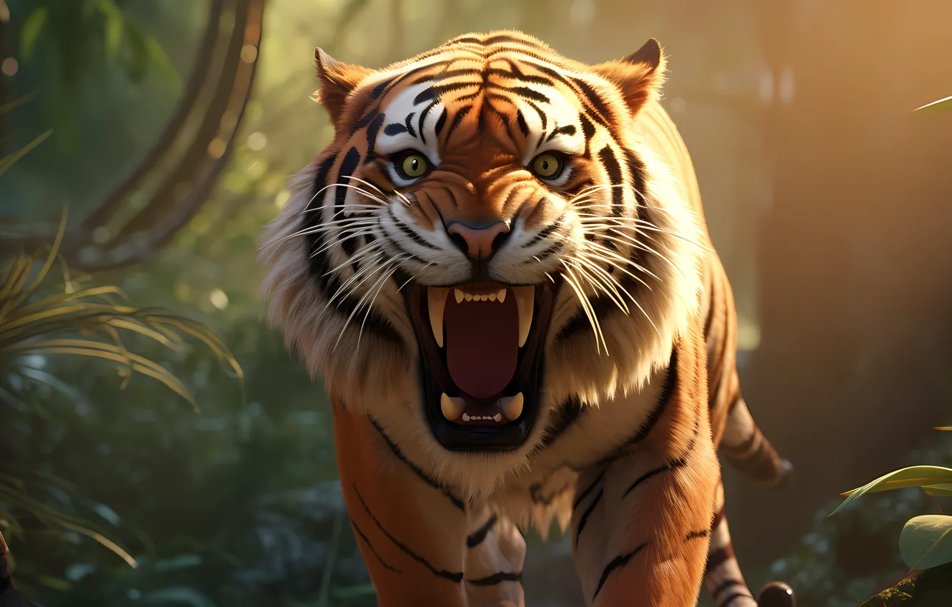 Photo wallpaper look, face, tiger, predator, fangs, grin, front, big cat