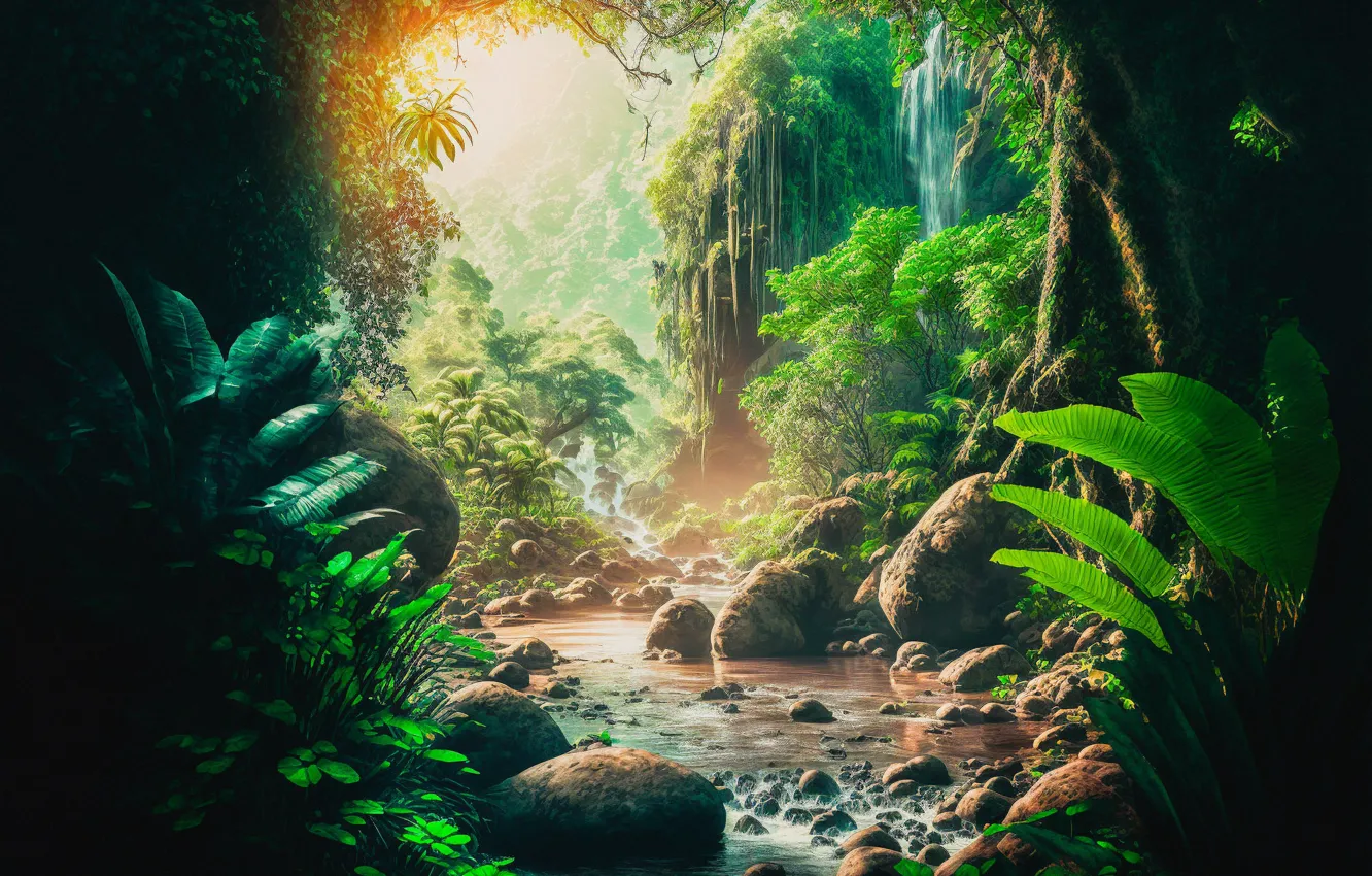 Photo wallpaper forest, rays, light, trees, landscape, branches, nature, fog